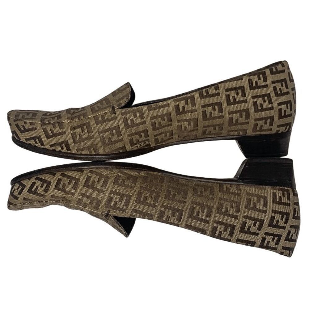 Fendi Zucca Monogram Slip Ons EU 38 Brown FF Logo Loafer Low Block Heel Pumps - Picture 4 of 12